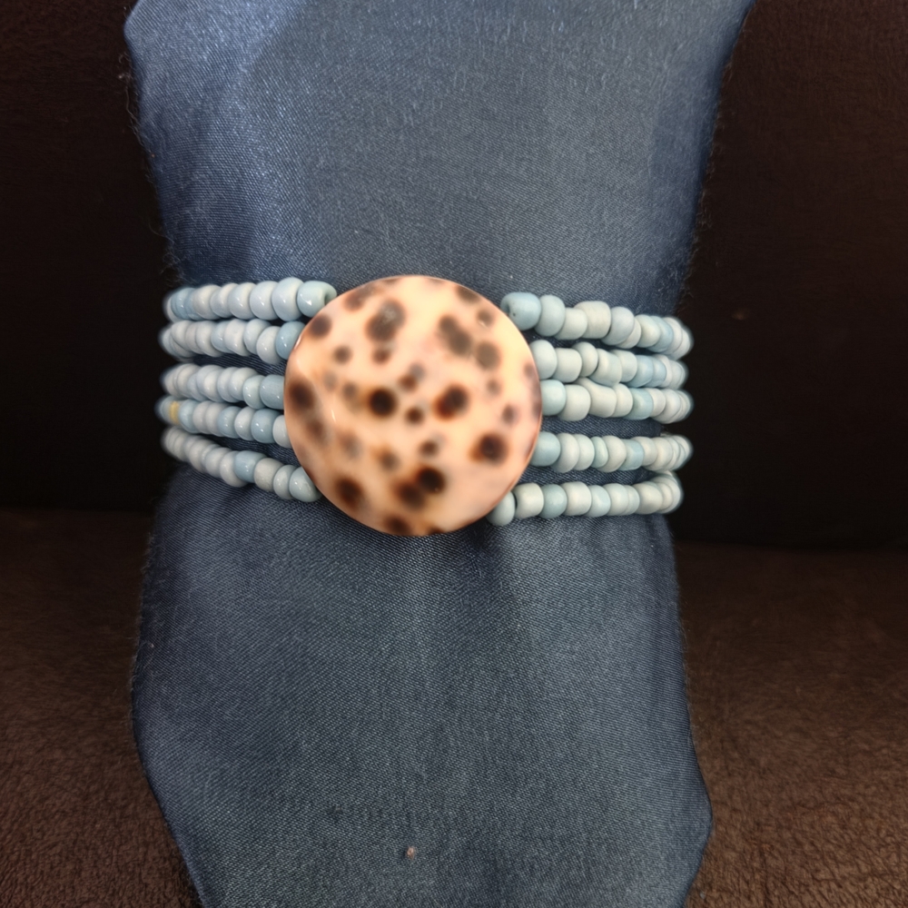 Beaded Multi-Strand Bracelet with Speckled Shell Button